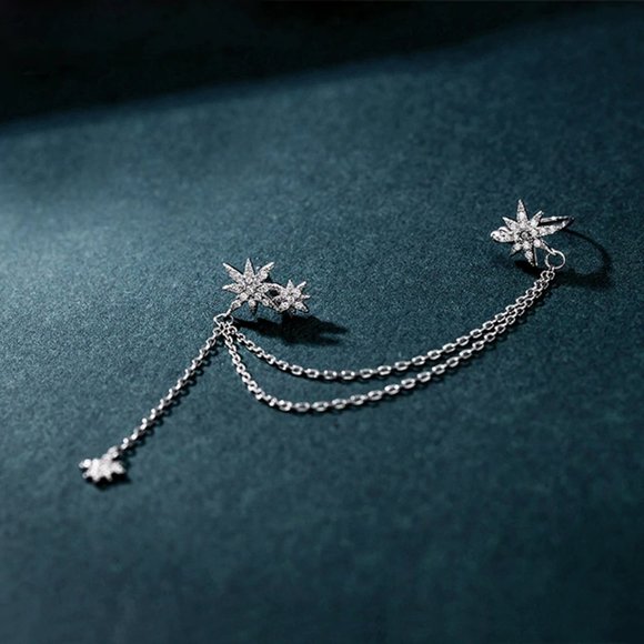 925 Sterling Silver Diamond Star Chain Earrings - Picture 5 of 8